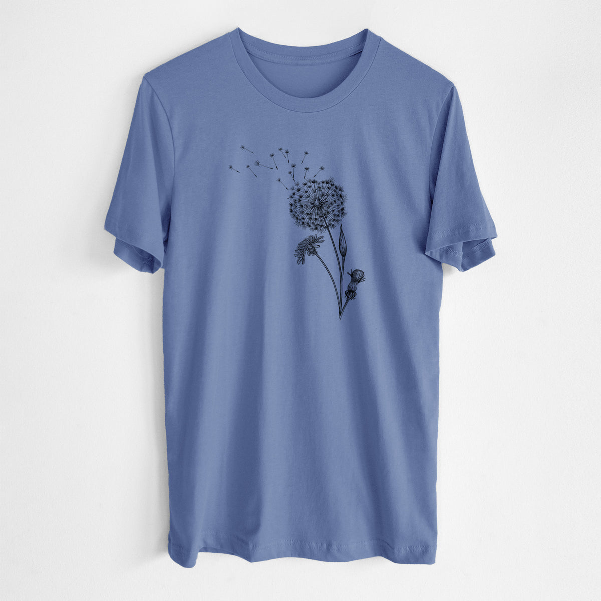 Blue bell lightweight cotton t-shirt laid flat, printed with a black ink line drawing of a dandelion seed head with seeds blowing away.