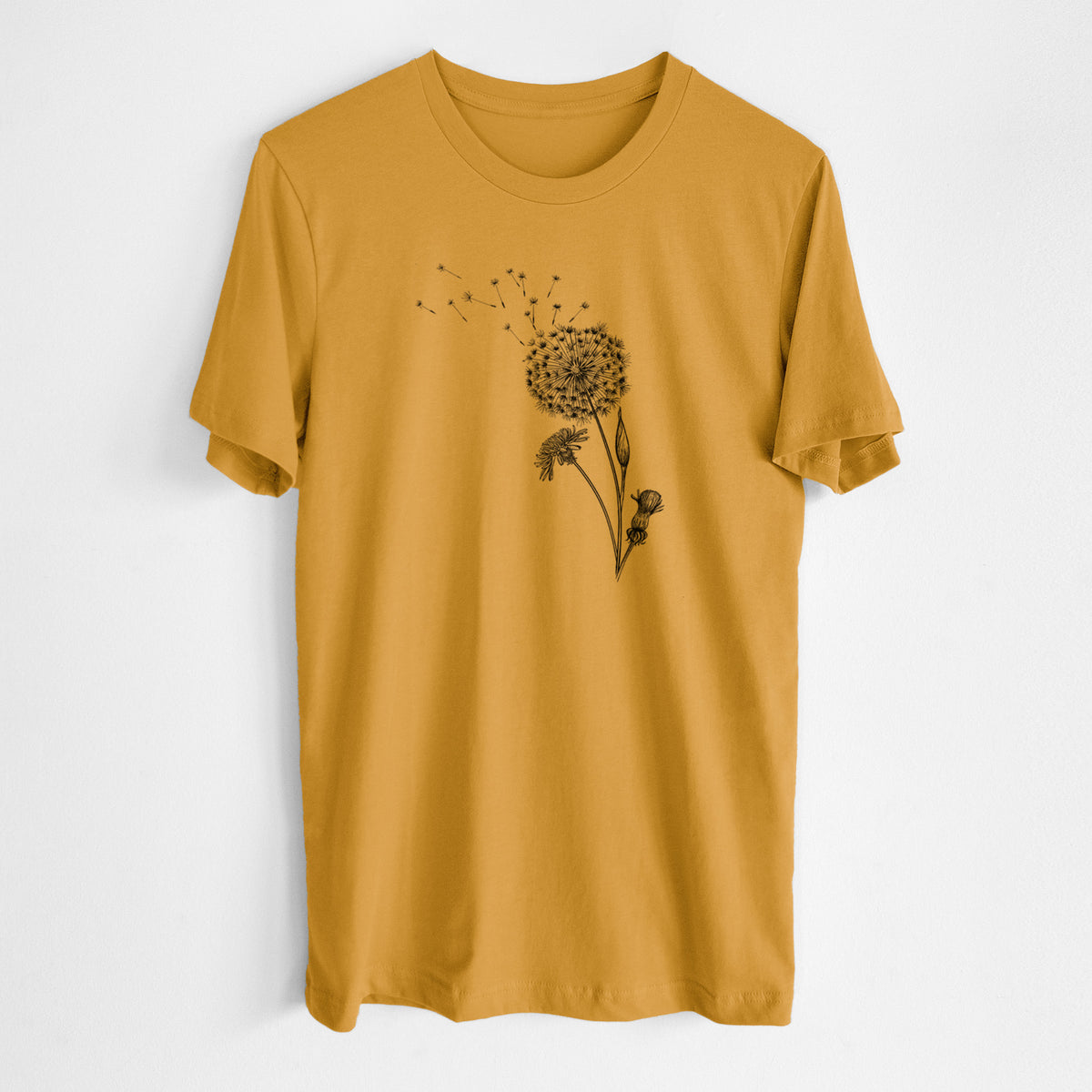 Honeycomb yellow lightweight cotton t-shirt laid flat, printed with a black ink line drawing of a dandelion seed head with seeds blowing away.