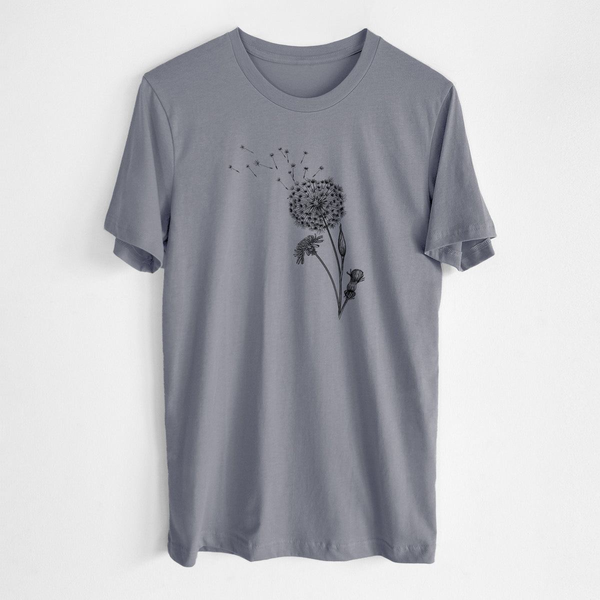 Storm grey lightweight cotton t-shirt laid flat, printed with a black ink line drawing of a dandelion seed head with seeds blowing away.