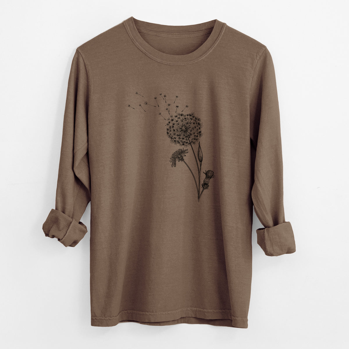 Espresso brown Comfort Colors long sleeve shirt laid flat with the cuffs rolled, printed with a black ink line drawing of a dandelion seed head with seeds blowing away.