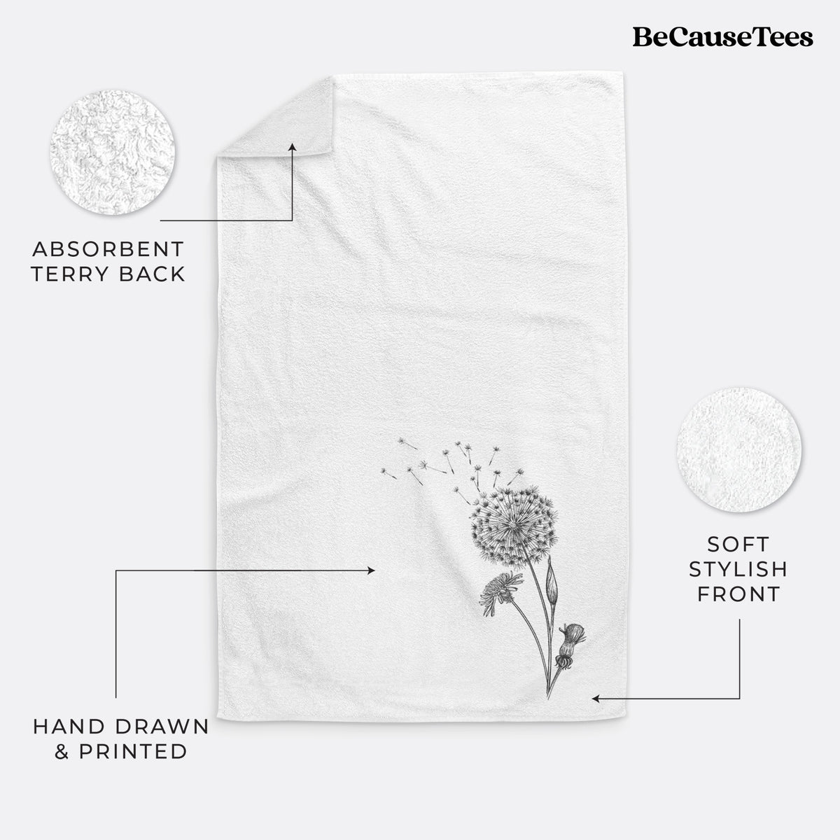 White hand towel printed with a black ink line drawing of a dandelion seed head with seeds blowing away.
