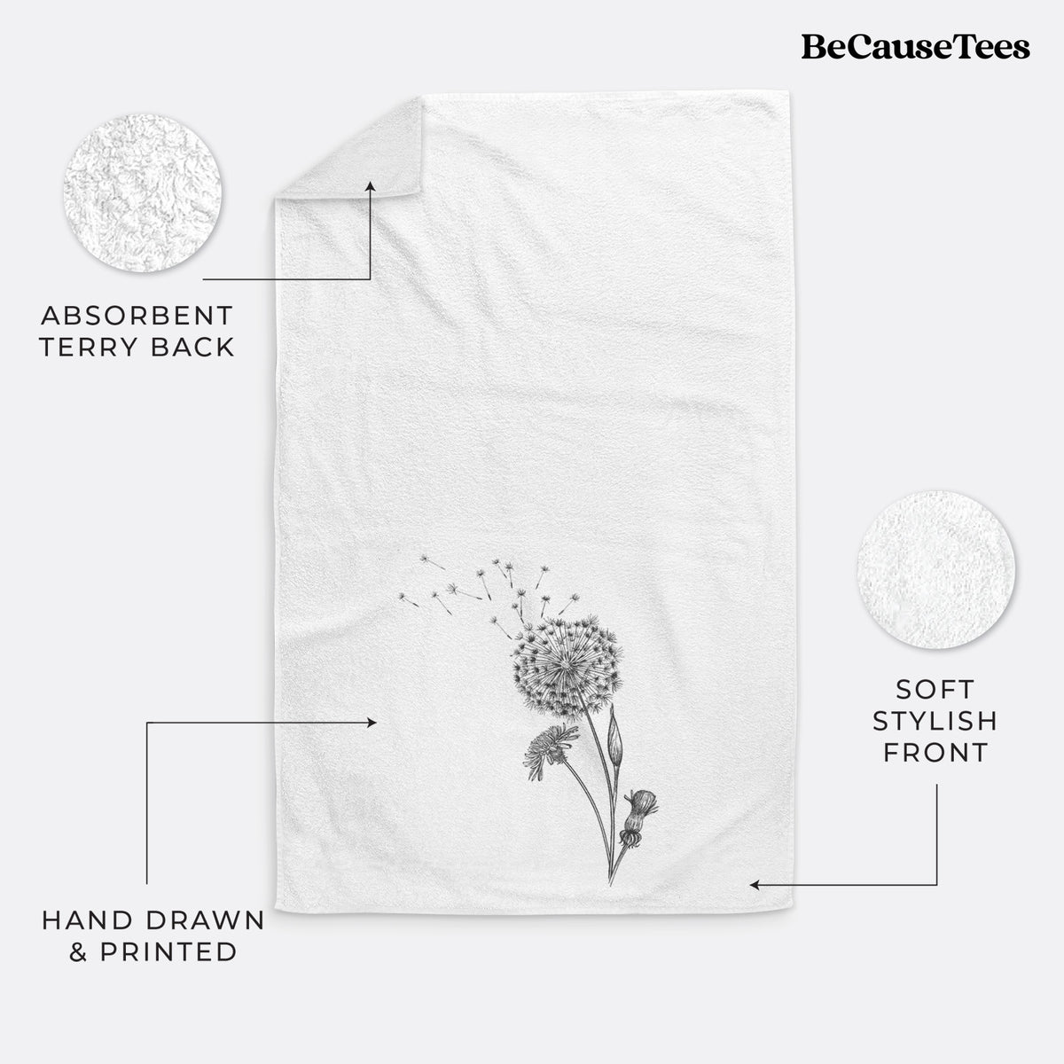 White hand towel printed with a black ink line drawing of a dandelion seed head with seeds blowing away.