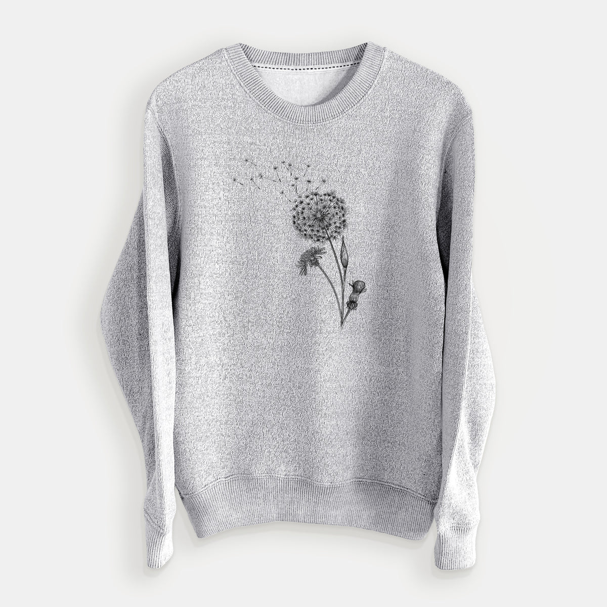 Salt and pepper knit sweatshirt laid flat, printed with a black ink line drawing of a dandelion seed head with seeds blowing away.