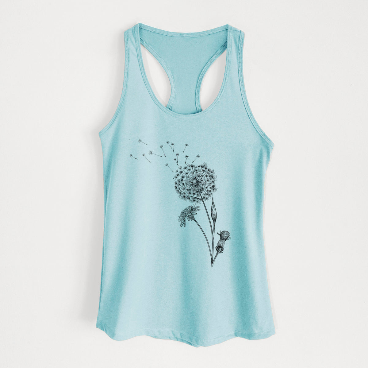 Cancun blue women's racerback tank top laid flat, printed with a black ink line drawing of a dandelion seed head with seeds blowing away.
