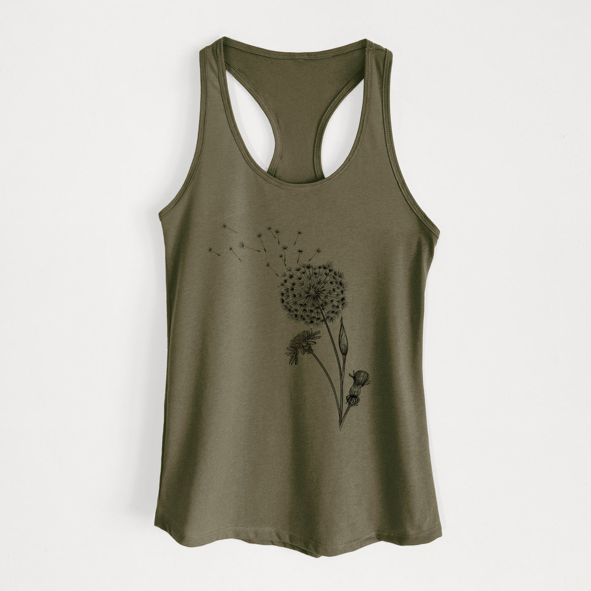 Military green women's racerback tank top laid flat, printed with a black ink line drawing of a dandelion seed head with seeds blowing away.