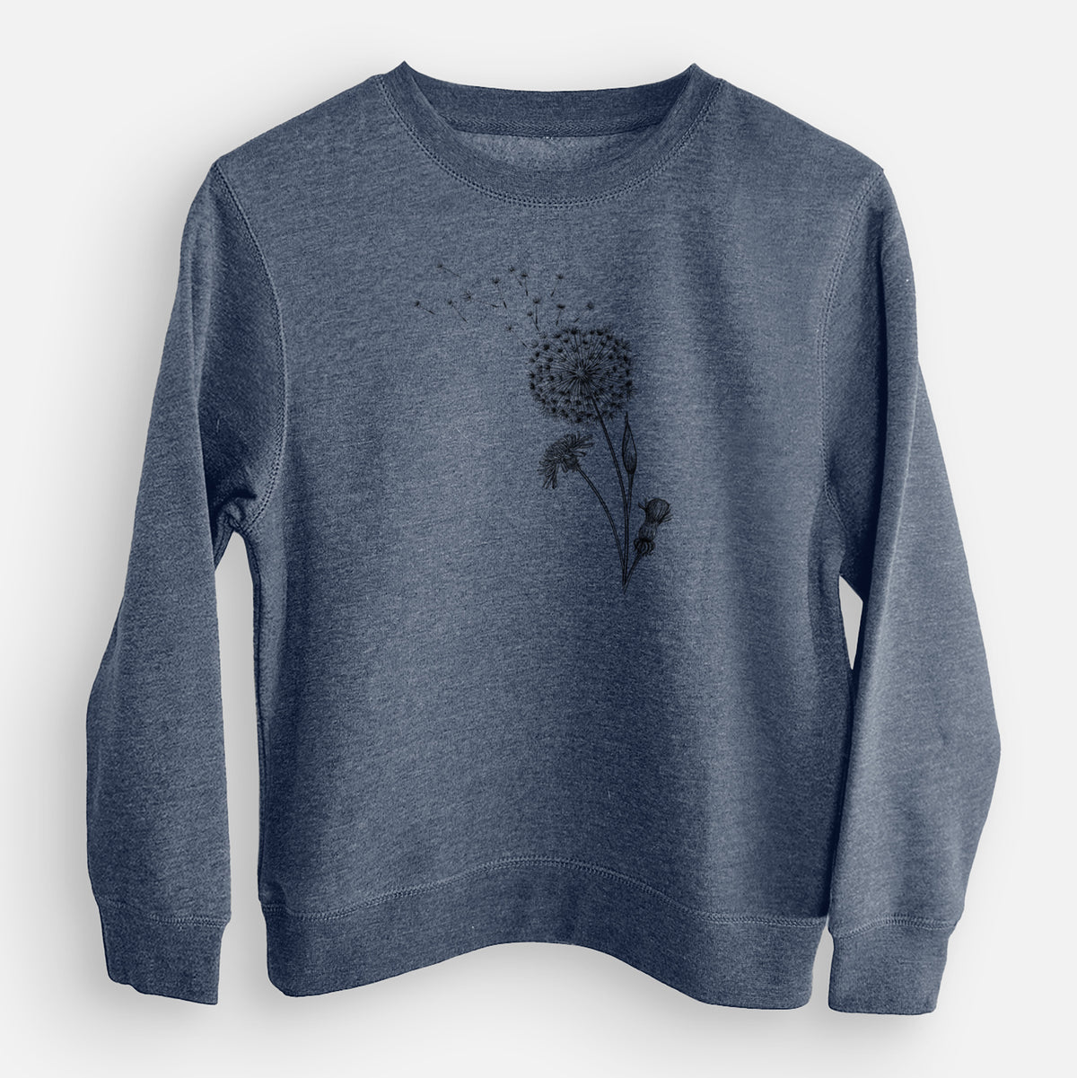 Storm blue youth crewneck sweatshirt laid flat, printed with a black ink line drawing of a dandelion seed head with seeds blowing away.