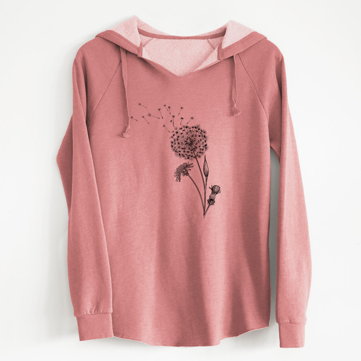 Dusty rose women's Cali Wave hooded sweatshirt laid flat, printed with a black ink line drawing of a dandelion seed head with seeds blowing away.