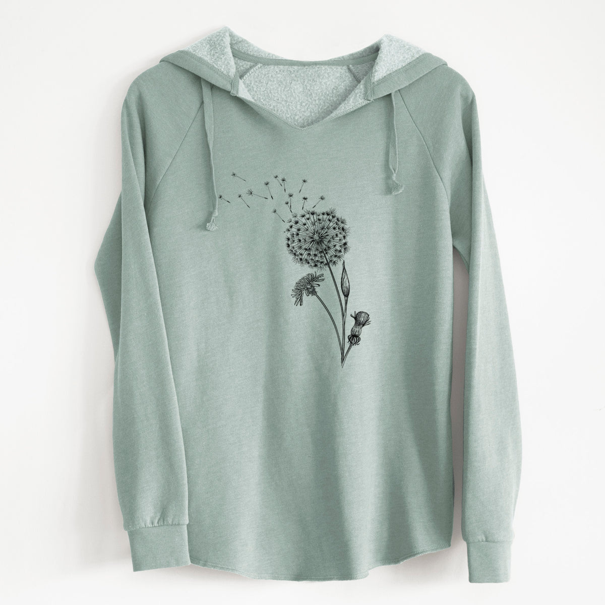 Sage green women's Cali Wave hooded sweatshirt laid flat, printed with a black ink line drawing of a dandelion seed head with seeds blowing away.