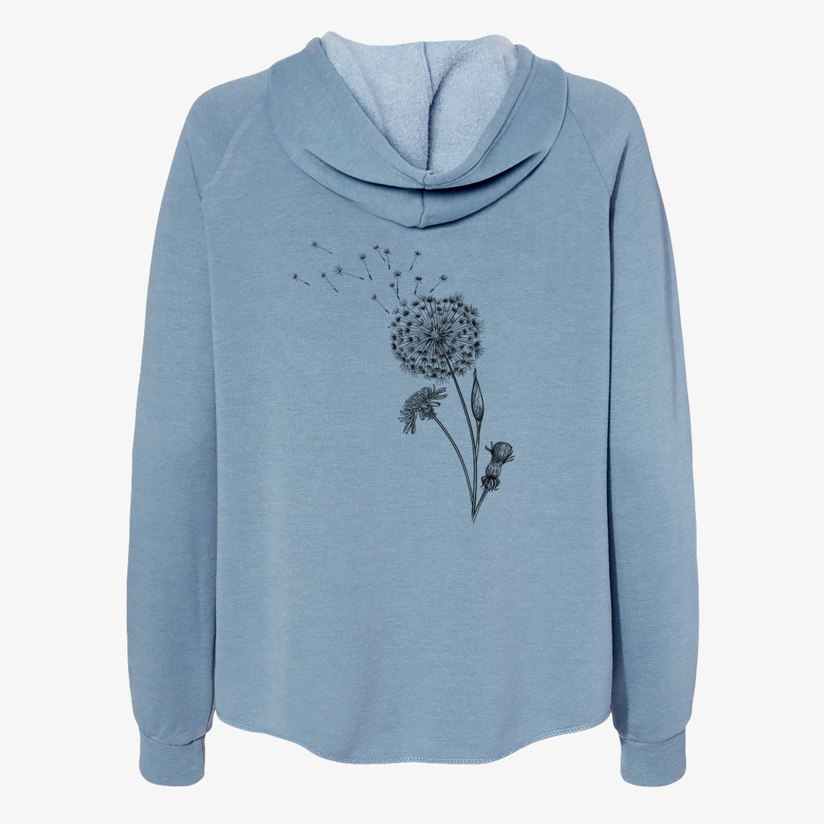 Misty blue women's Cali Wave zip-up sweatshirt laid flat, printed with a black ink line drawing of a dandelion seed head with seeds blowing away.