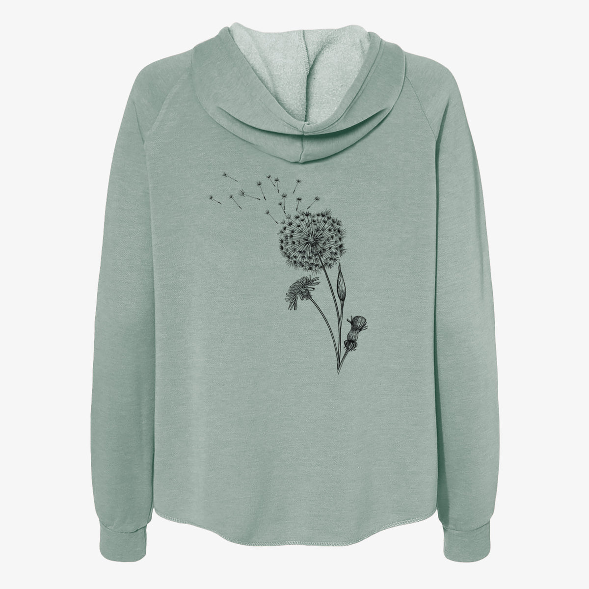 Sage green women's Cali Wave zip-up sweatshirt laid flat, printed with a black ink line drawing of a dandelion seed head with seeds blowing away.