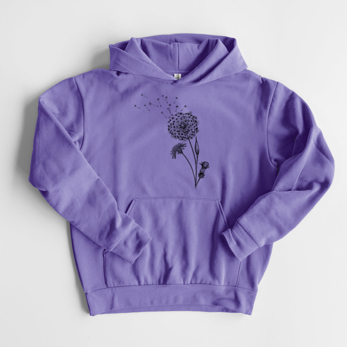 Common Dandelion - Taraxacum officinale - Statement Midweight Hoodie in Violet, laid flat, showing the oversized boxy fit and front kangaroo pocket.