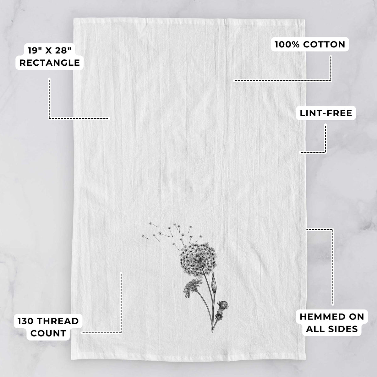 White tea towel printed with a black ink line drawing of a dandelion seed head with seeds blowing away, with feature labels: 19 by 28 inch rectangle, 100% cotton, lint-free, 130 thread count, hemmed on all sides.
