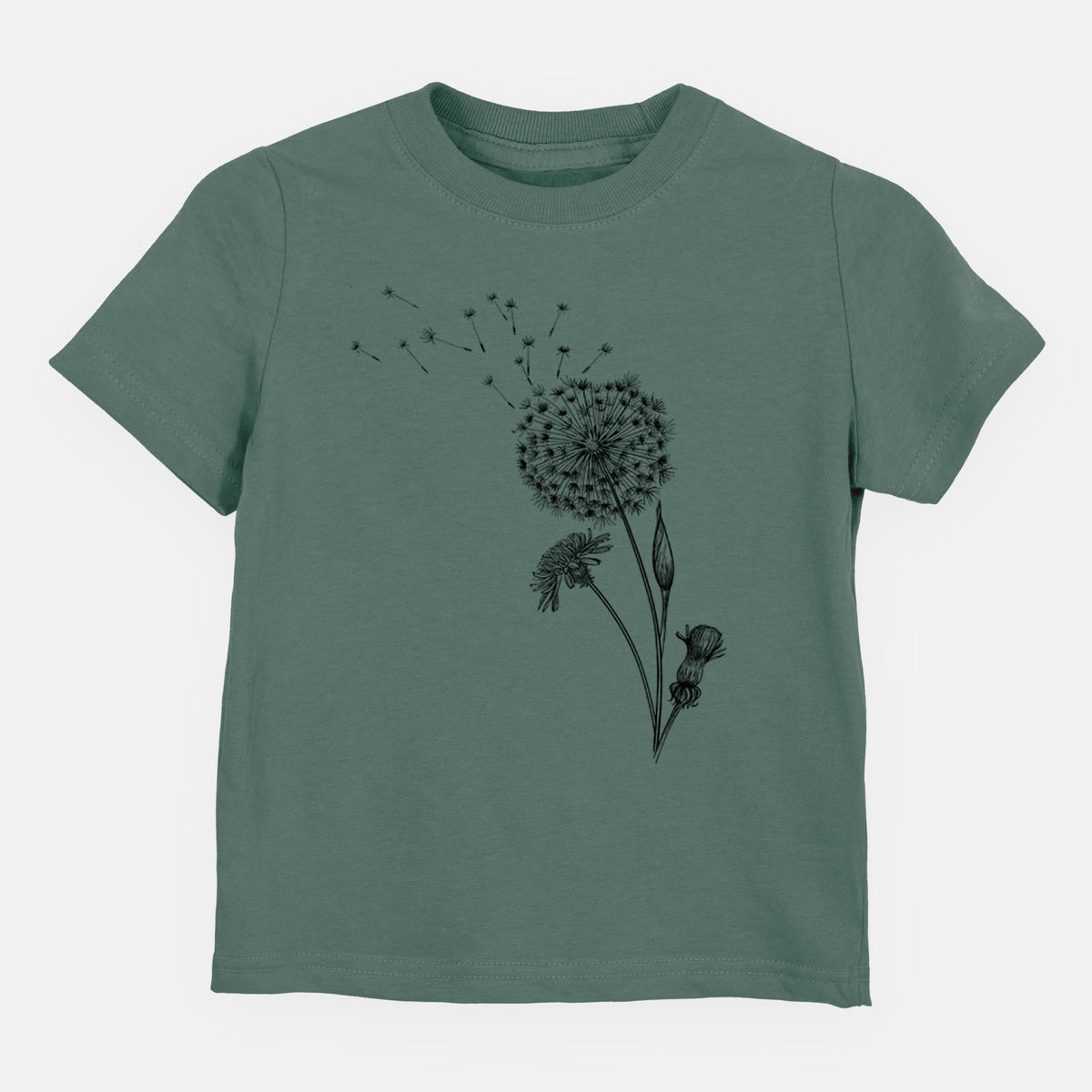 Basil green toddler t-shirt laid flat, printed with a black ink line drawing of a dandelion seed head with seeds blowing away.