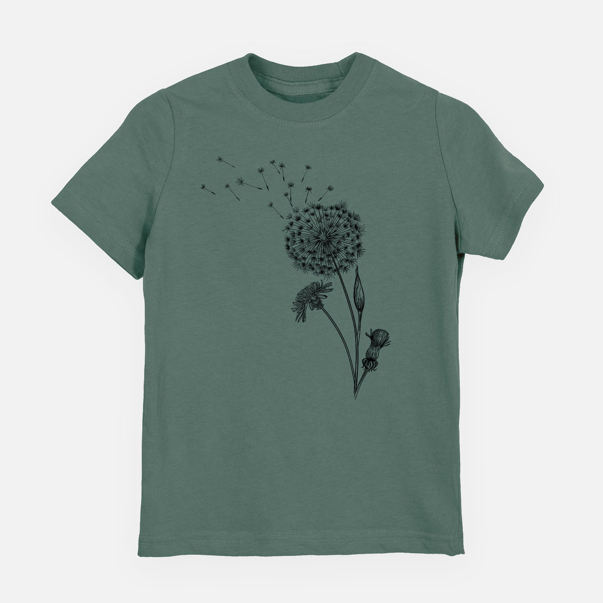 Basil green youth t-shirt laid flat, printed with a black ink line drawing of a dandelion seed head with seeds blowing away.