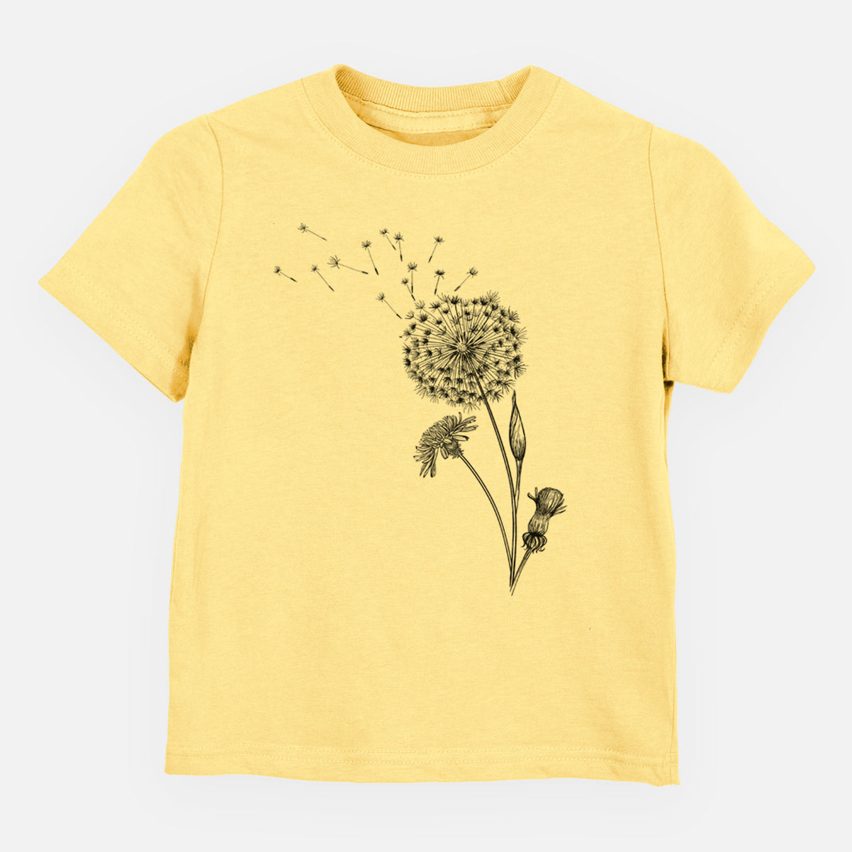 Butter yellow toddler t-shirt laid flat, printed with a black ink line drawing of a dandelion seed head with seeds blowing away.