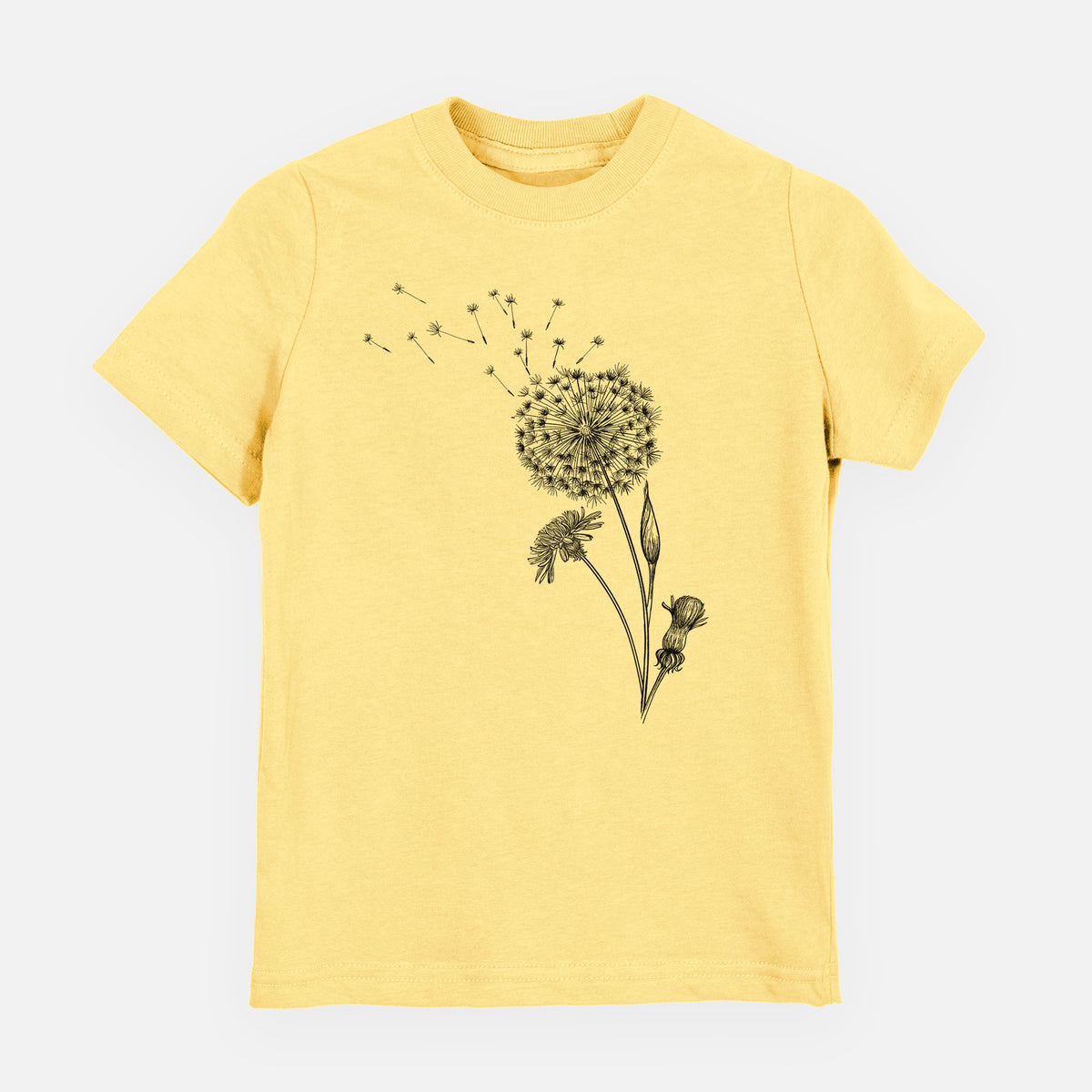Butter yellow youth t-shirt laid flat, printed with a black ink line drawing of a dandelion seed head with seeds blowing away.