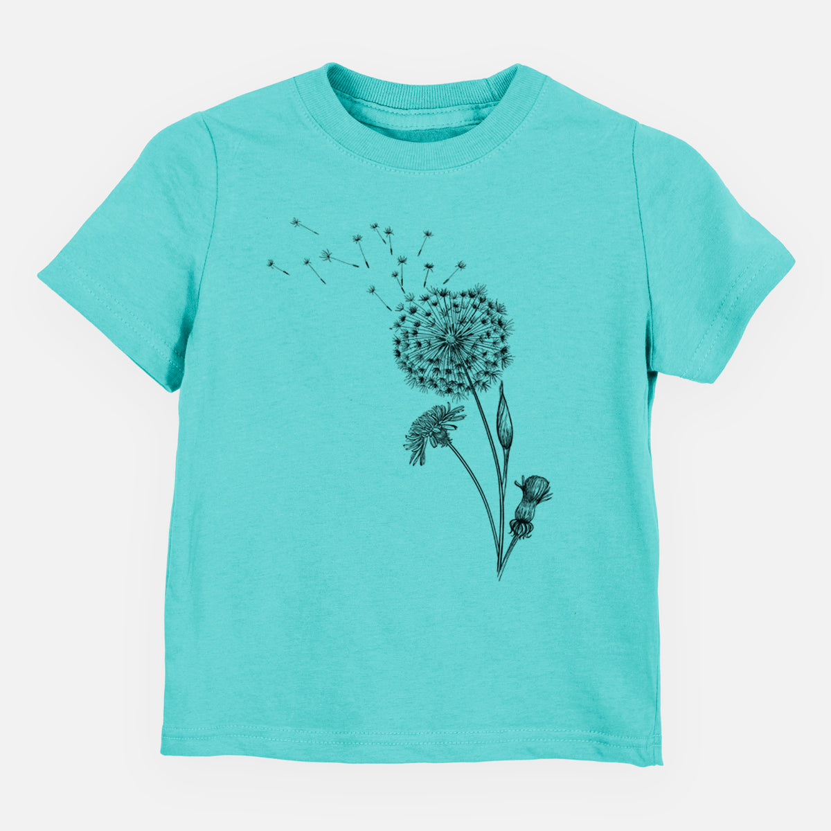 Caribbean blue toddler t-shirt laid flat, printed with a black ink line drawing of a dandelion seed head with seeds blowing away.