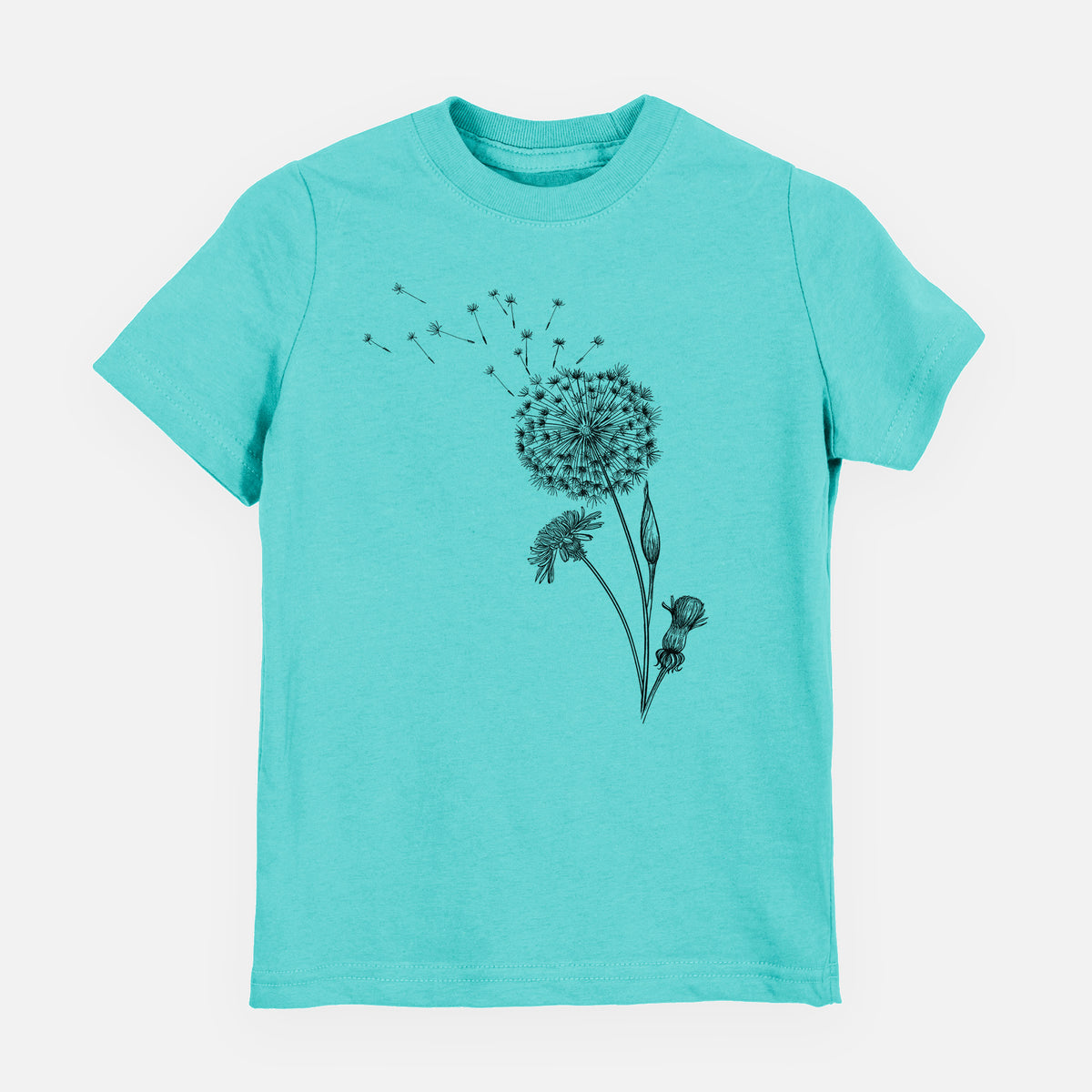 Caribbean blue youth t-shirt laid flat, printed with a black ink line drawing of a dandelion seed head with seeds blowing away.