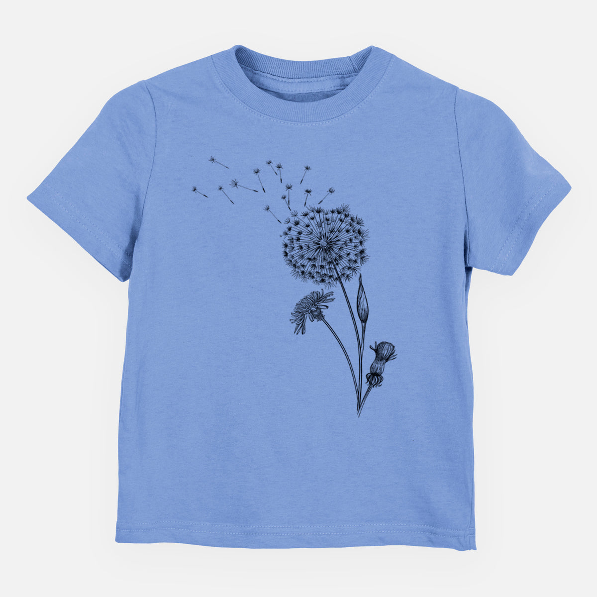 Carolina blue toddler t-shirt laid flat, printed with a black ink line drawing of a dandelion seed head with seeds blowing away.