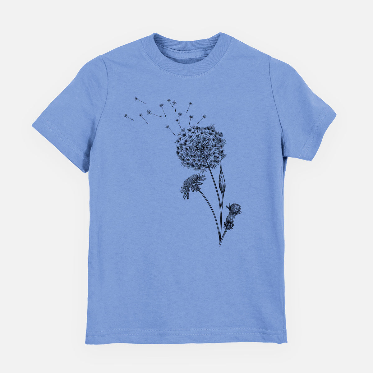 Carolina blue youth t-shirt laid flat, printed with a black ink line drawing of a dandelion seed head with seeds blowing away.