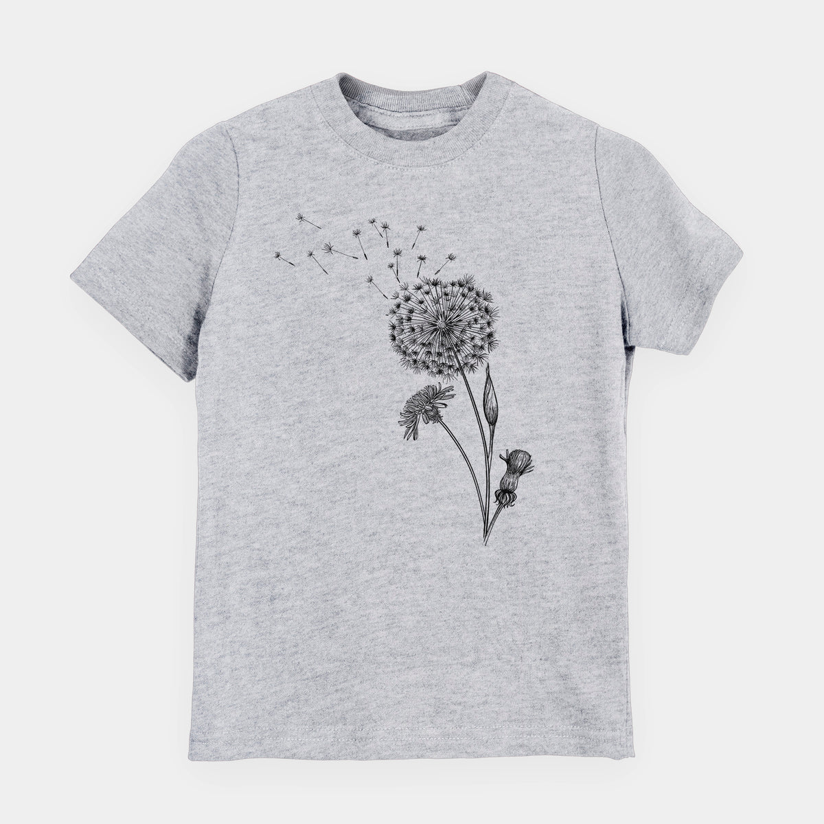 Heather grey youth t-shirt laid flat, printed with a black ink line drawing of a dandelion seed head with seeds blowing away.