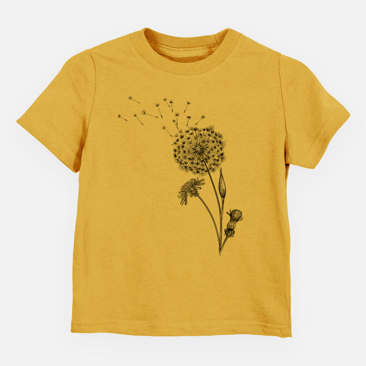 Honeycomb yellow toddler t-shirt laid flat, printed with a black ink line drawing of a dandelion seed head with seeds blowing away.