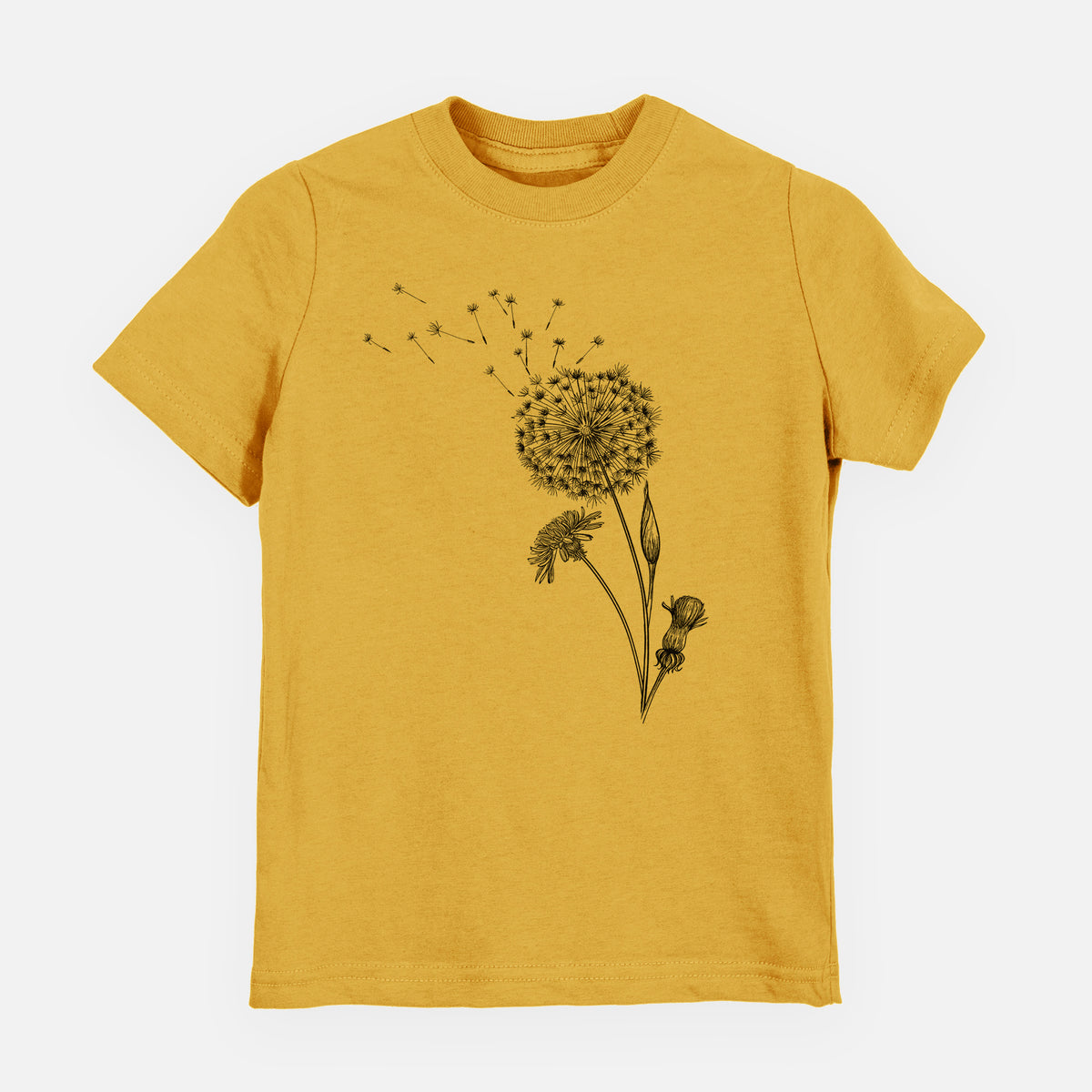 Honeycomb yellow youth t-shirt laid flat, printed with a black ink line drawing of a dandelion seed head with seeds blowing away.