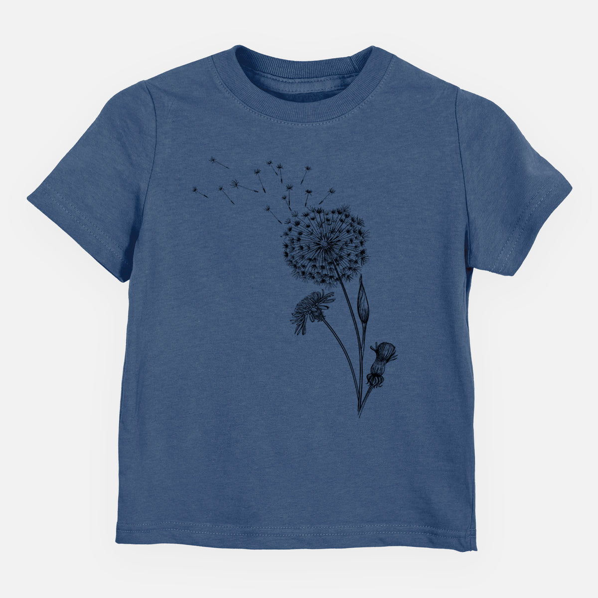 Indigo blue toddler t-shirt laid flat, printed with a black ink line drawing of a dandelion seed head with seeds blowing away.