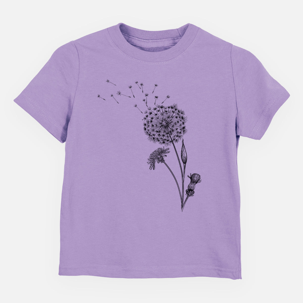 Lavender toddler t-shirt laid flat, printed with a black ink line drawing of a dandelion seed head with seeds blowing away.