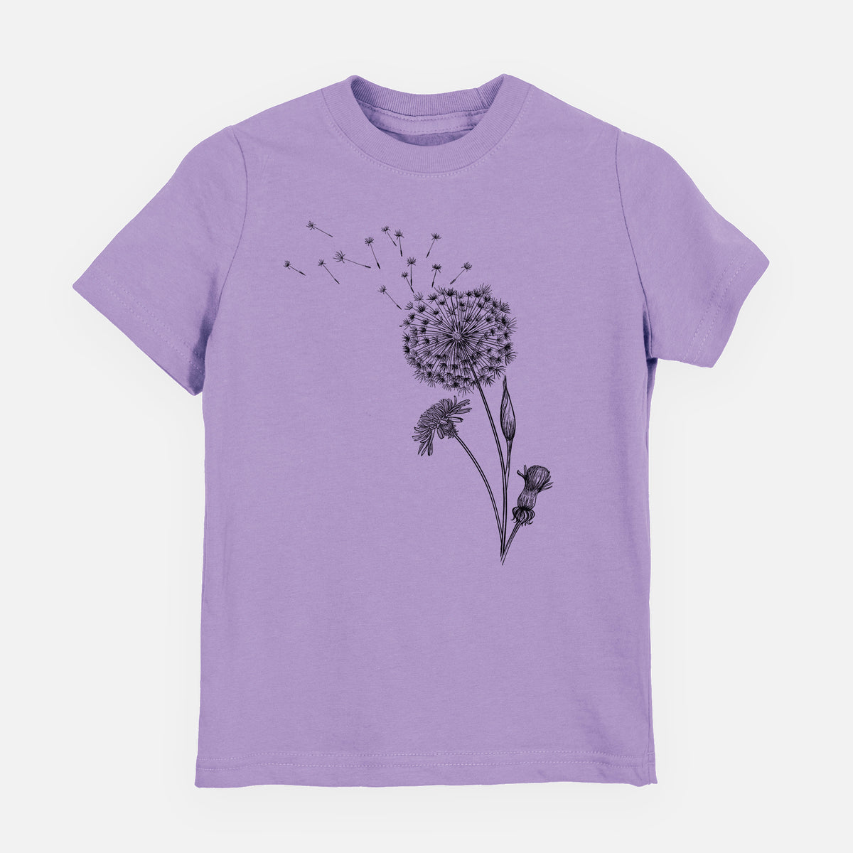 Lavender youth t-shirt laid flat, printed with a black ink line drawing of a dandelion seed head with seeds blowing away.