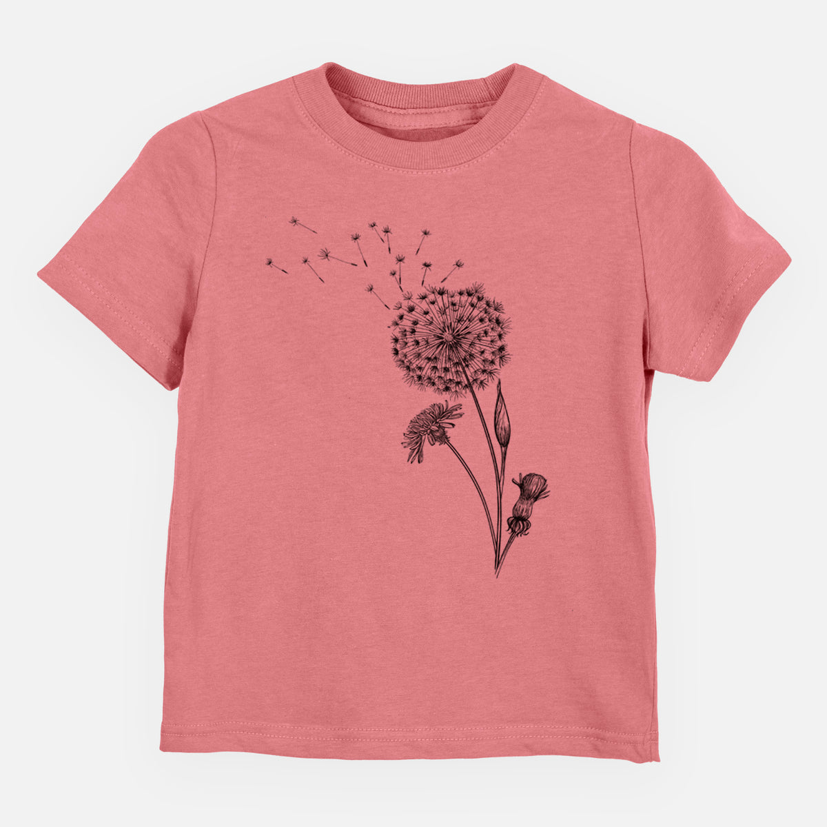 Mauve pink toddler t-shirt laid flat, printed with a black ink line drawing of a dandelion seed head with seeds blowing away.