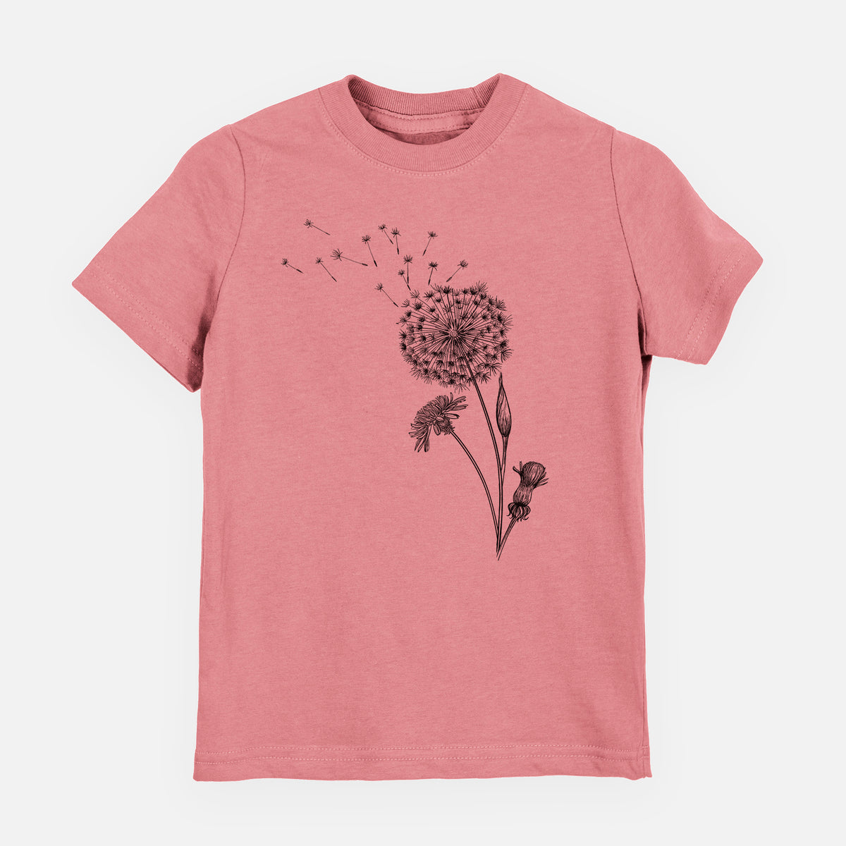 Mauve pink youth t-shirt laid flat, printed with a black ink line drawing of a dandelion seed head with seeds blowing away.