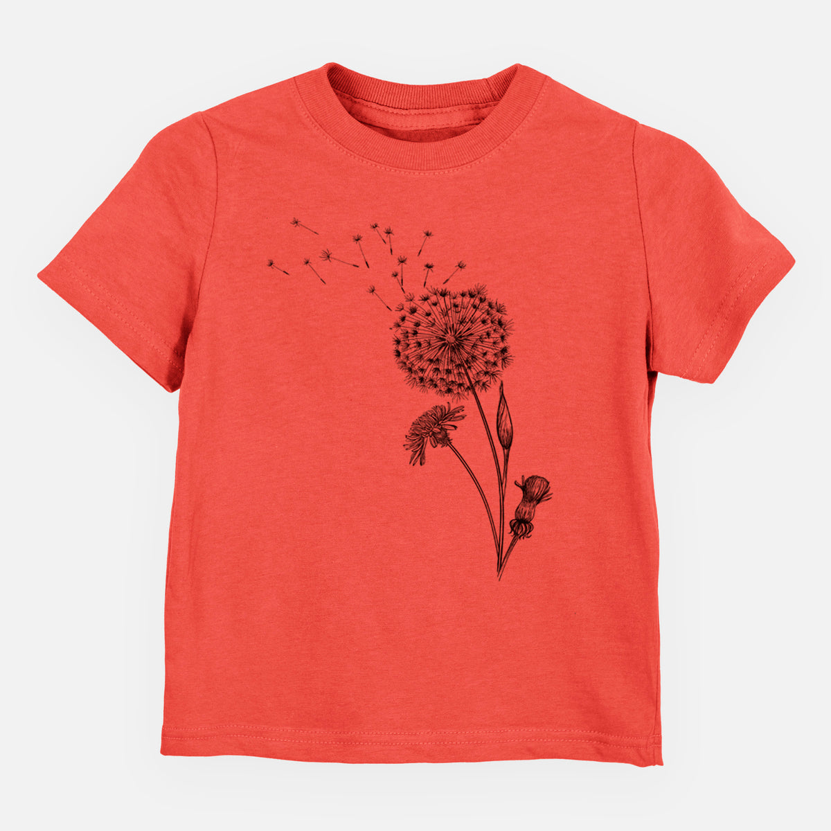Passionfruit pink toddler t-shirt laid flat, printed with a black ink line drawing of a dandelion seed head with seeds blowing away.