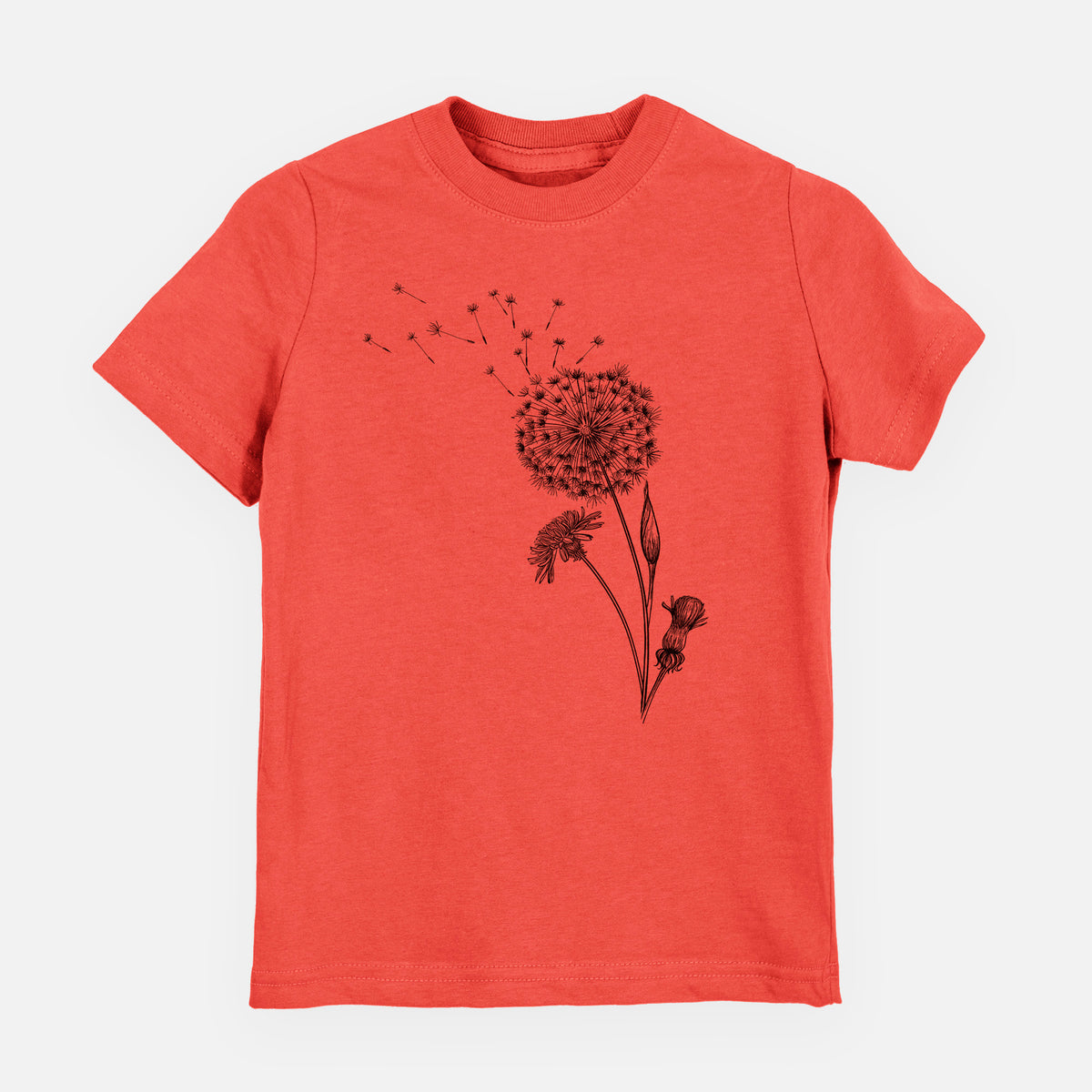 Passionfruit pink youth t-shirt laid flat, printed with a black ink line drawing of a dandelion seed head with seeds blowing away.