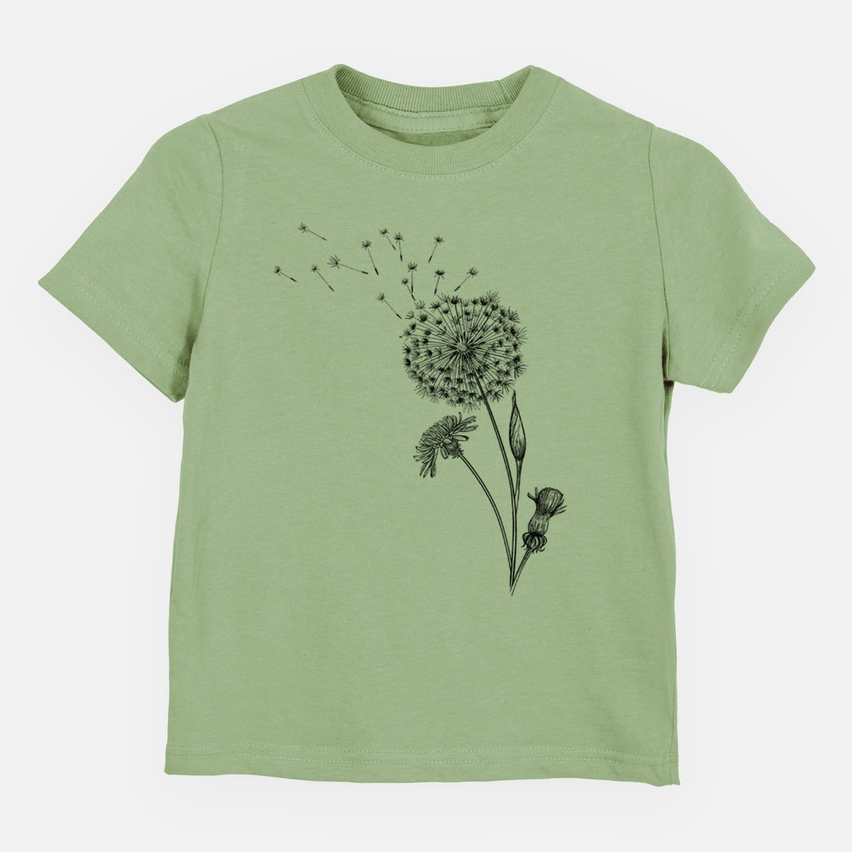 Sage green toddler t-shirt laid flat, printed with a black ink line drawing of a dandelion seed head with seeds blowing away.