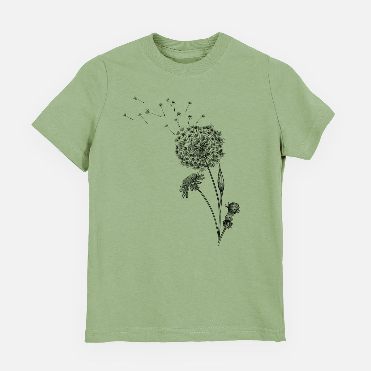 Sage green youth t-shirt laid flat, printed with a black ink line drawing of a dandelion seed head with seeds blowing away.