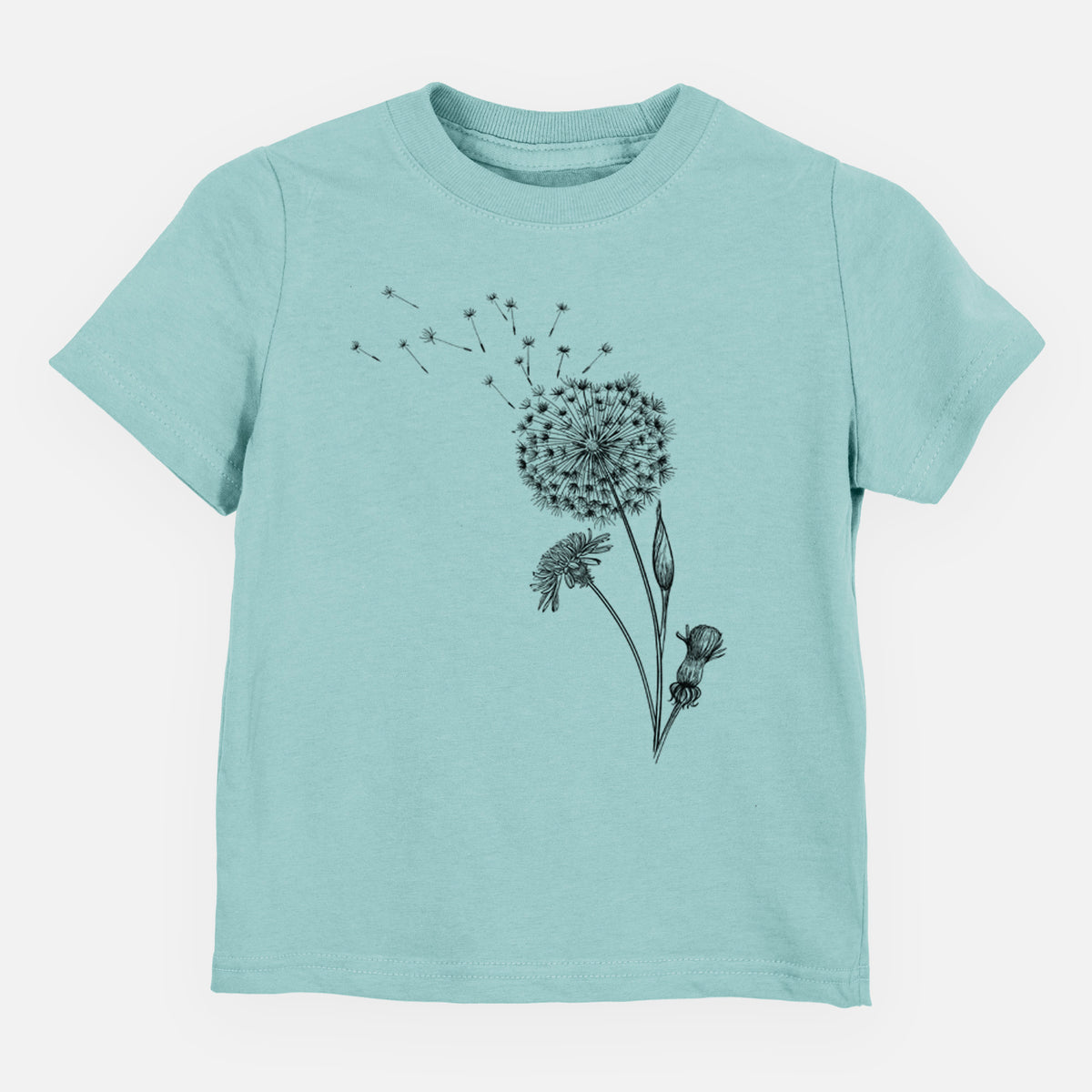 Saltwater toddler t-shirt laid flat, printed with a black ink line drawing of a dandelion seed head with seeds blowing away.