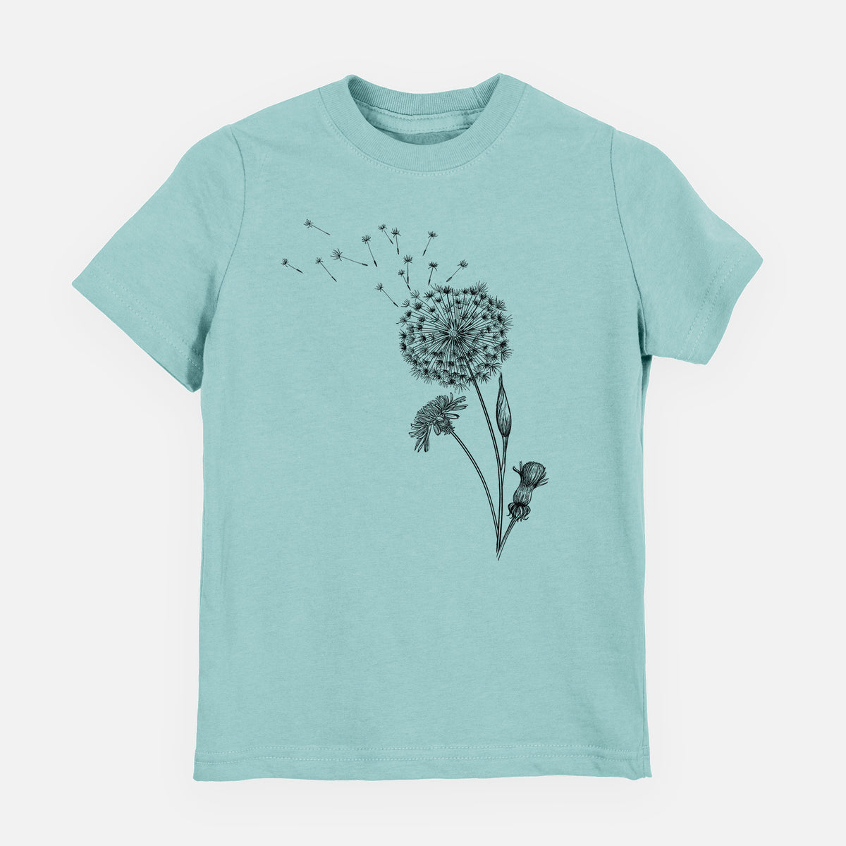 Saltwater youth t-shirt laid flat, printed with a black ink line drawing of a dandelion seed head with seeds blowing away.