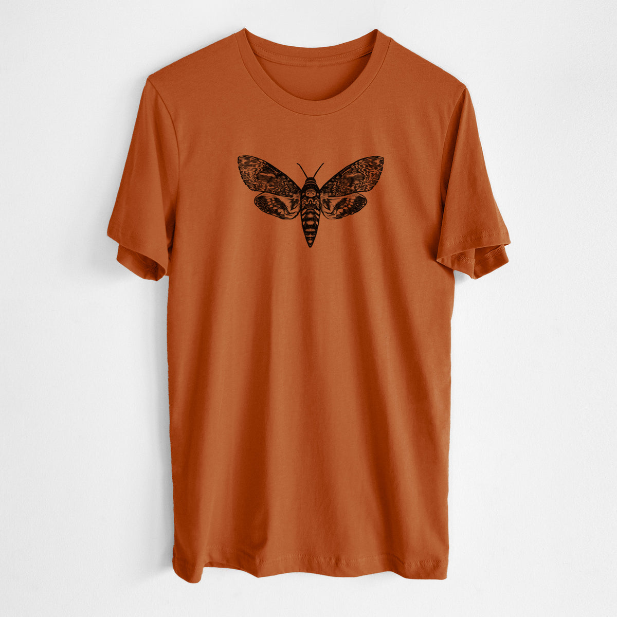 Autumn lightweight cotton t-shirt laid flat, printed with a detailed black ink illustration of a death's-head hawkmoth with its wings spread.