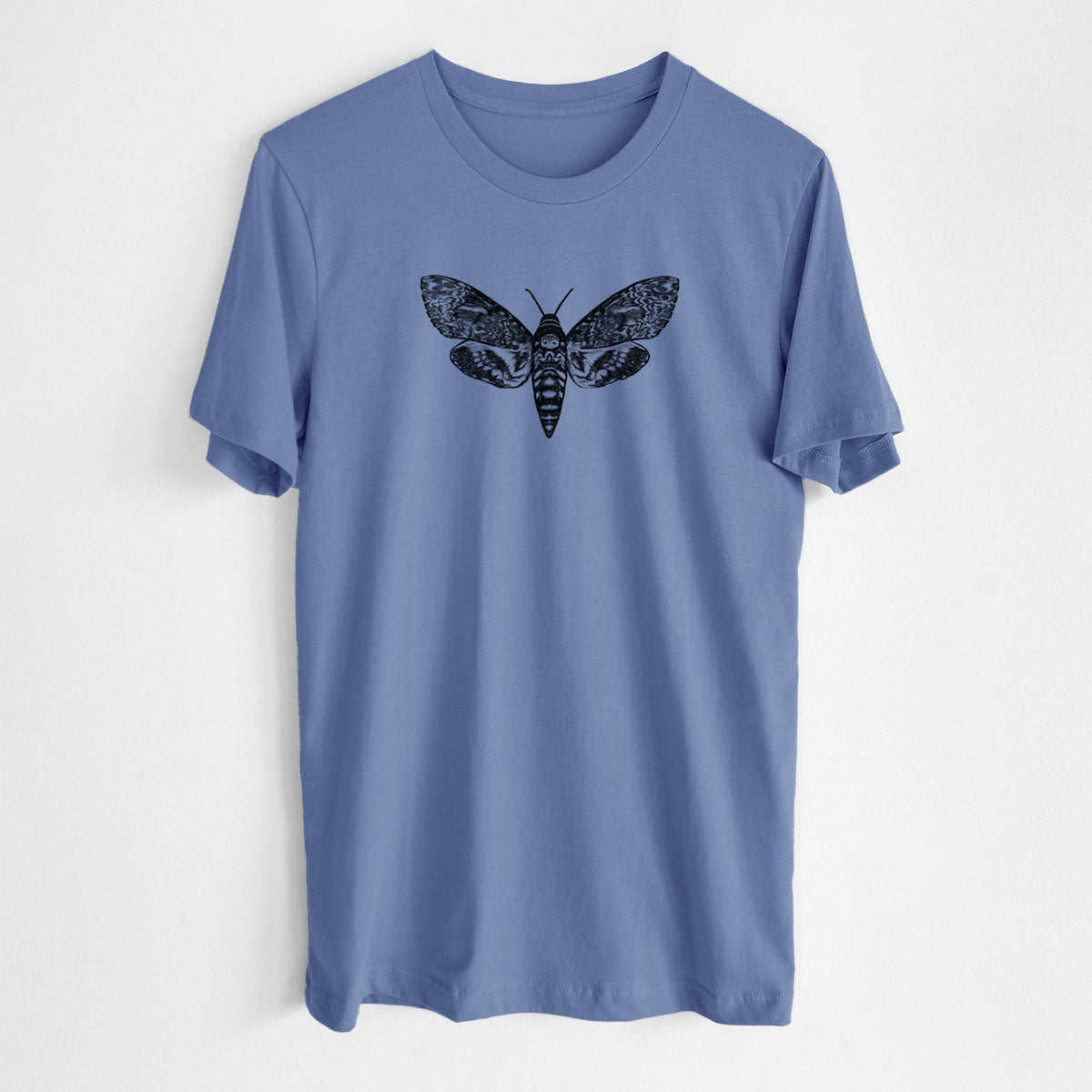 Blue bell lightweight cotton t-shirt laid flat, printed with a detailed black ink illustration of a death's-head hawkmoth with its wings spread.