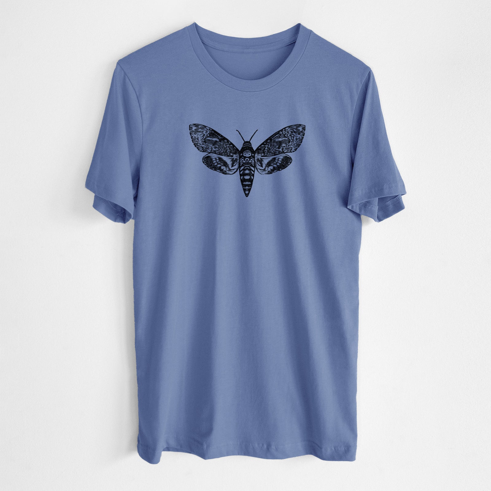 Blue bell lightweight cotton t-shirt laid flat, printed with a detailed black ink illustration of a death's-head hawkmoth with its wings spread.