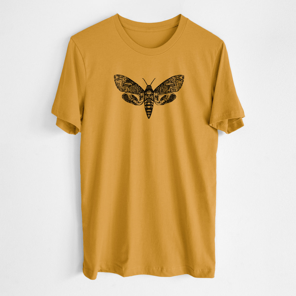 Honeycomb yellow lightweight cotton t-shirt laid flat, printed with a detailed black ink illustration of a death's-head hawkmoth with its wings spread.