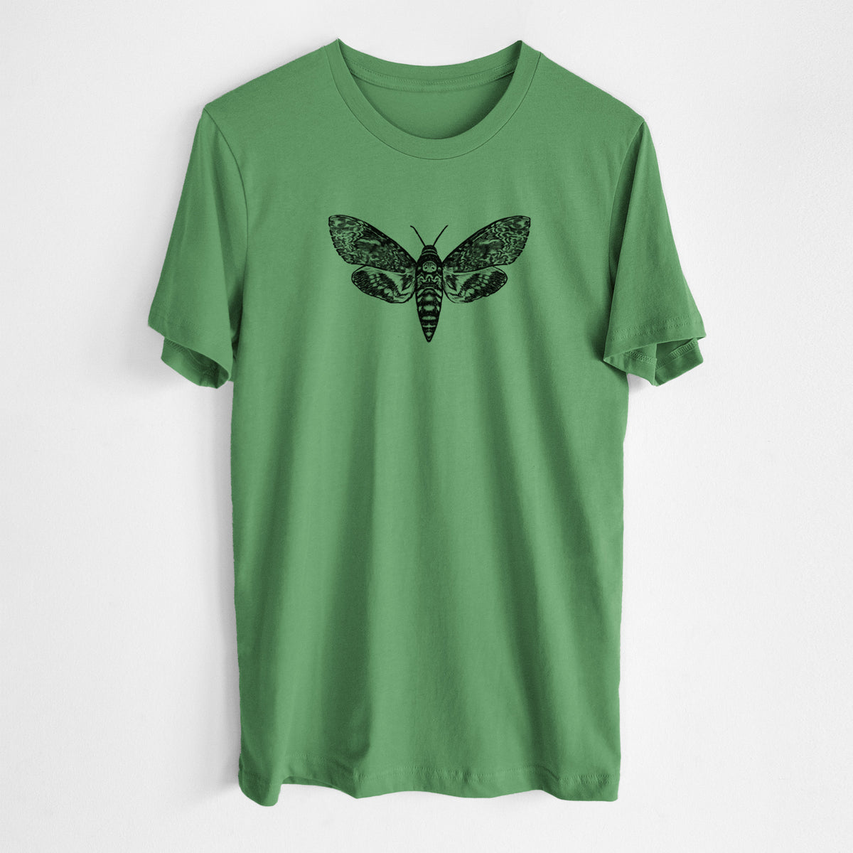 Leaf green lightweight cotton t-shirt laid flat, printed with a detailed black ink illustration of a death's-head hawkmoth with its wings spread.