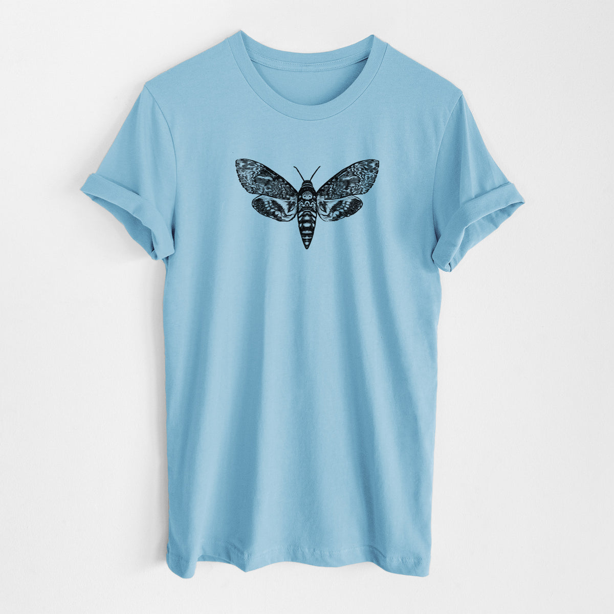 Ocean blue lightweight cotton t-shirt laid flat, printed with a detailed black ink illustration of a death's-head hawkmoth with its wings spread.