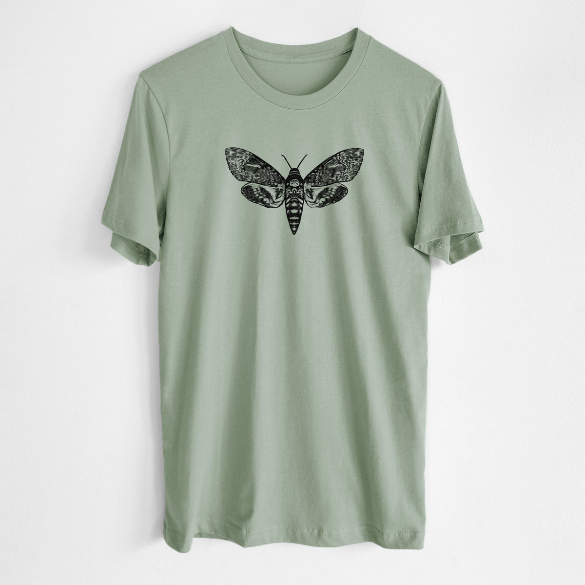 Sage green lightweight cotton t-shirt laid flat, printed with a detailed black ink illustration of a death's-head hawkmoth with its wings spread.