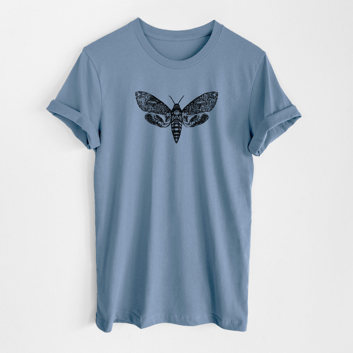 Steel blue lightweight cotton t-shirt laid flat, printed with a detailed black ink illustration of a death's-head hawkmoth with its wings spread.