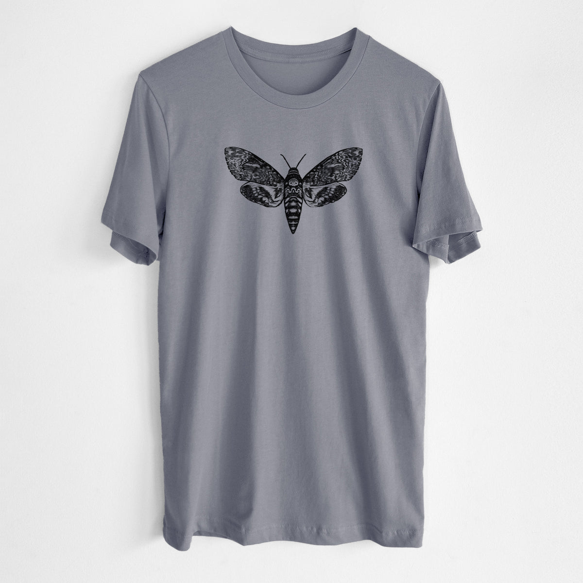 Storm grey lightweight cotton t-shirt laid flat, printed with a detailed black ink illustration of a death's-head hawkmoth with its wings spread.