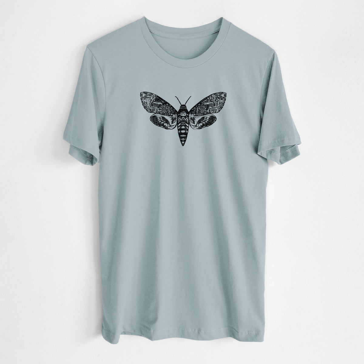 Vintage denim lightweight cotton t-shirt laid flat, printed with a detailed black ink illustration of a death's-head hawkmoth with its wings spread.
