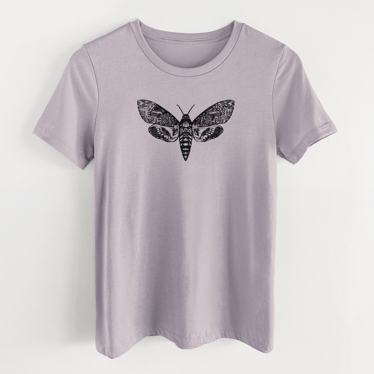 Light violet women's relaxed fit cotton t-shirt laid flat, printed with a detailed black ink illustration of a death's-head hawkmoth with its wings spread.