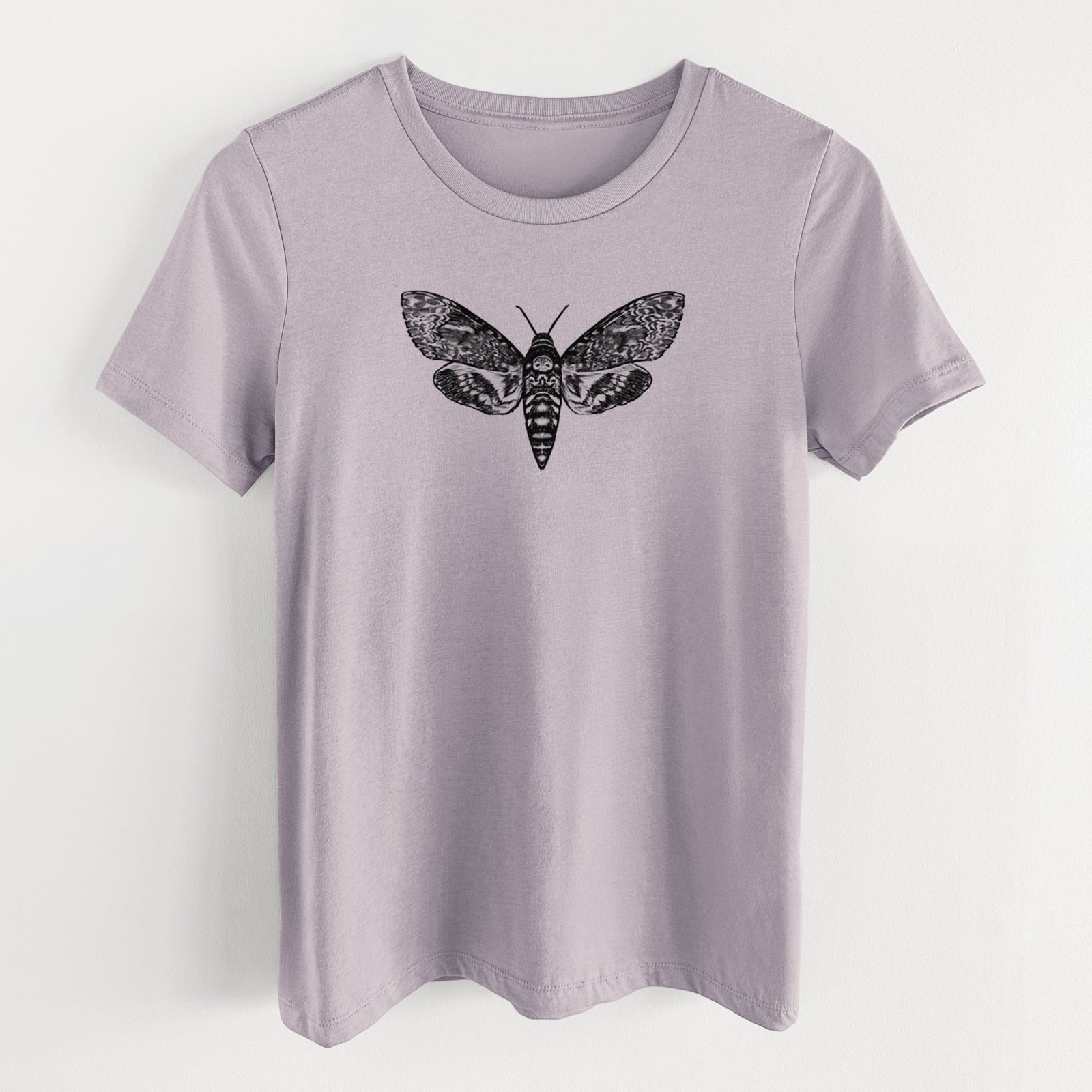 Light violet women's relaxed fit cotton t-shirt laid flat, printed with a detailed black ink illustration of a death's-head hawkmoth with its wings spread.